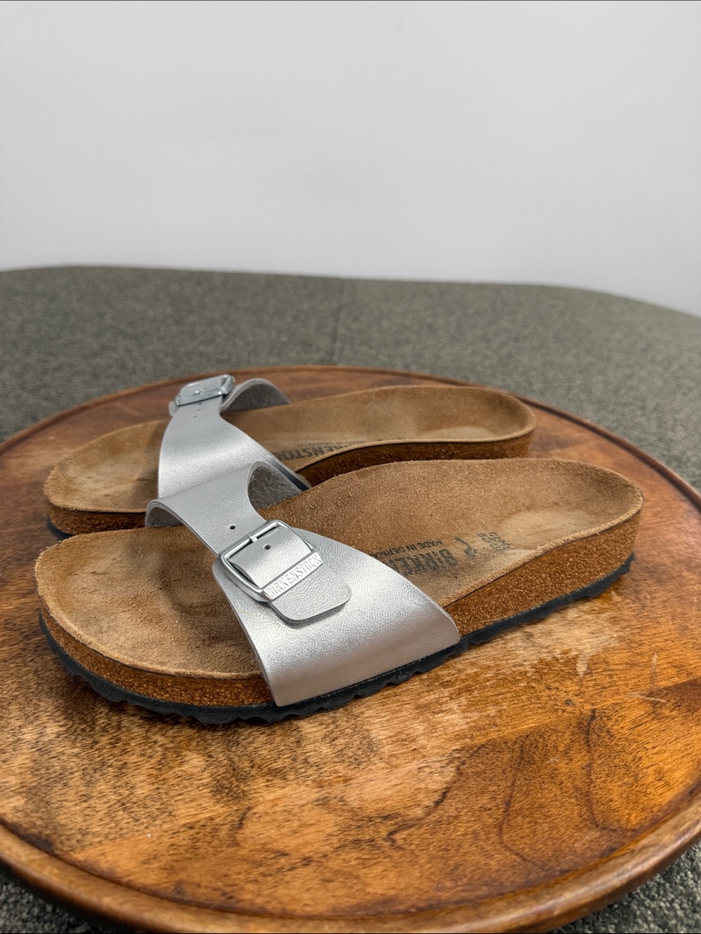 Birkenstock Sandals Wm 7 38 Madrid Birkoflor Metallic Silver Single Buckle Slide